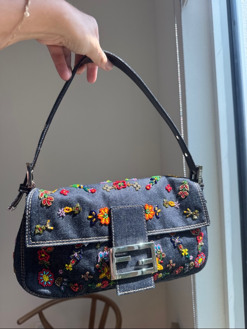 Vintage Fendi Denim Beaded Baguette Bag ✨ Rare Y2K Embellished Shoulder Bag - Picture 5 of 14